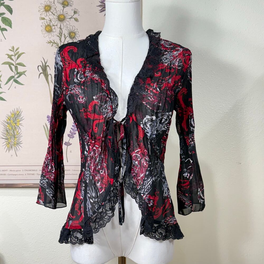 Y2k Paisley Lace Tie Front Sheer Jacket Romantic Goth Vampire Whimsigoth S M